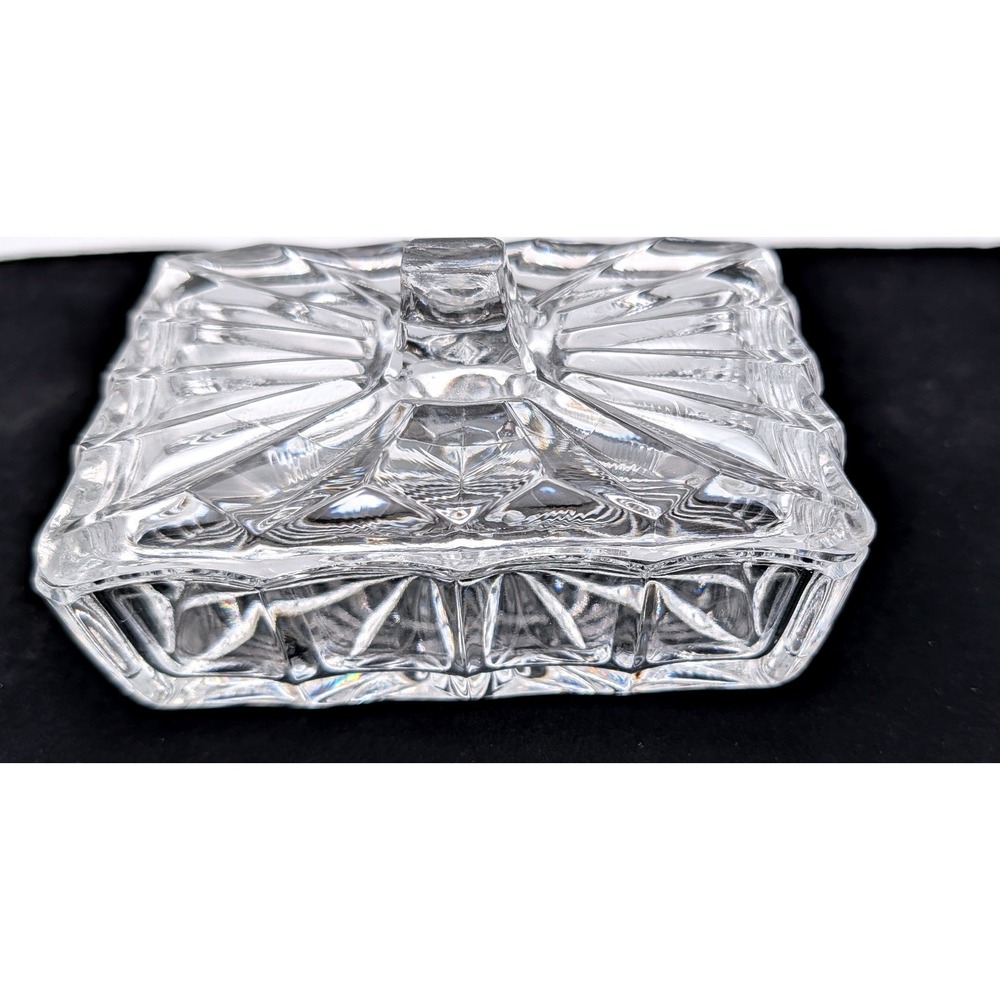 Vintage Clear Pressed Glass Trinket Box Starburst Sunburst Rectangular Lid 5in